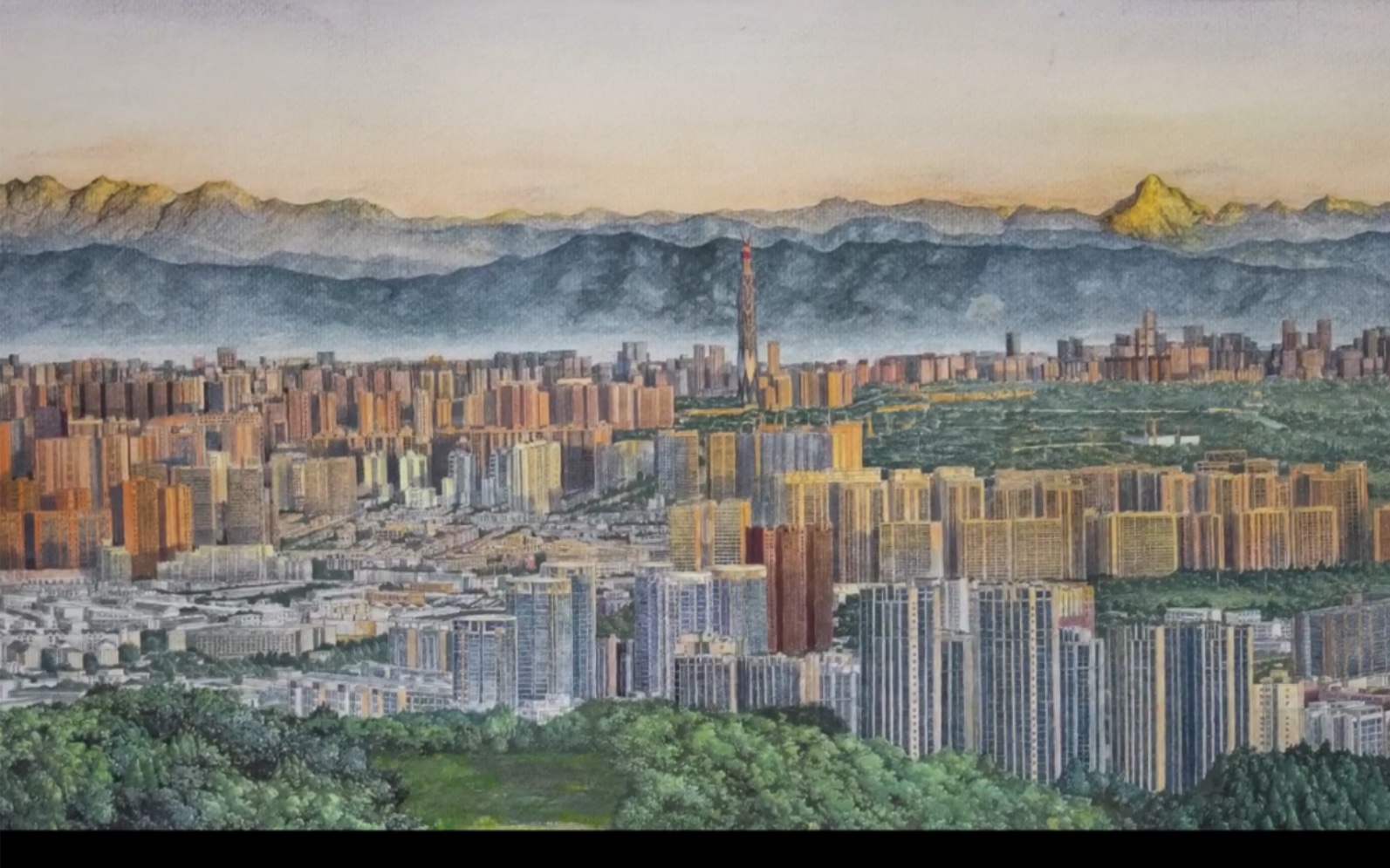 雪山下的公园城市(成都水彩画)