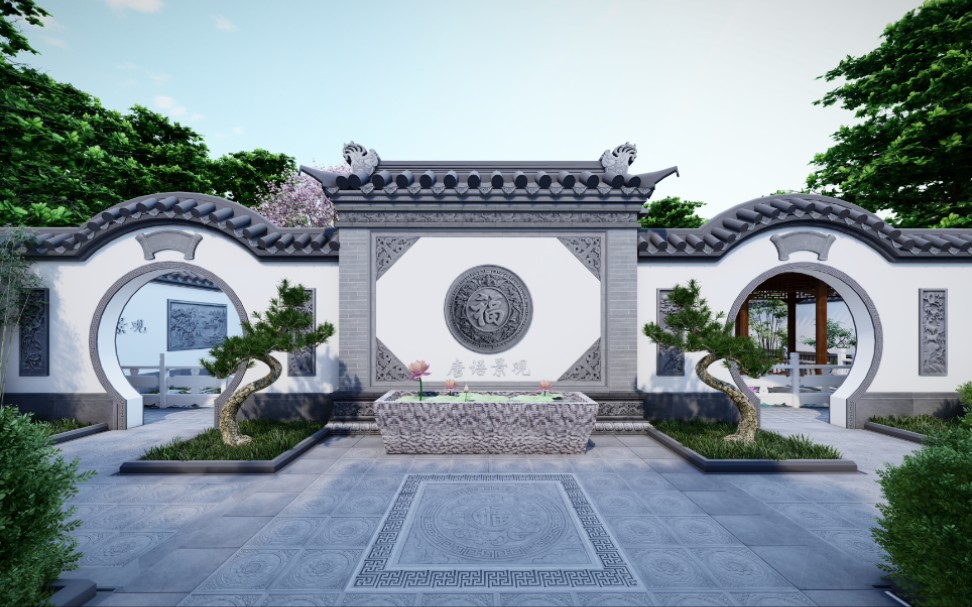 庭院景观月洞门景墙中式庭院庭院设计中式别墅仿古建材青砖月洞门中式