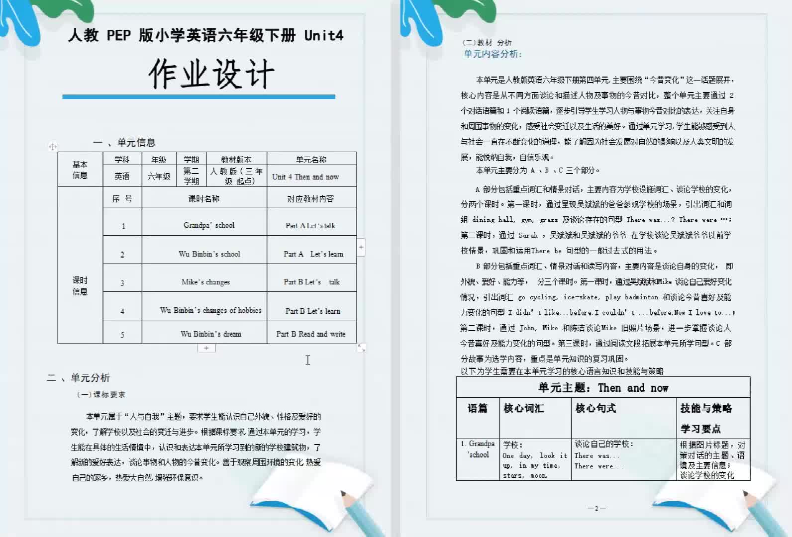 [图]人教PEP版六年级英语下册作业设计Unit 4 Then and now