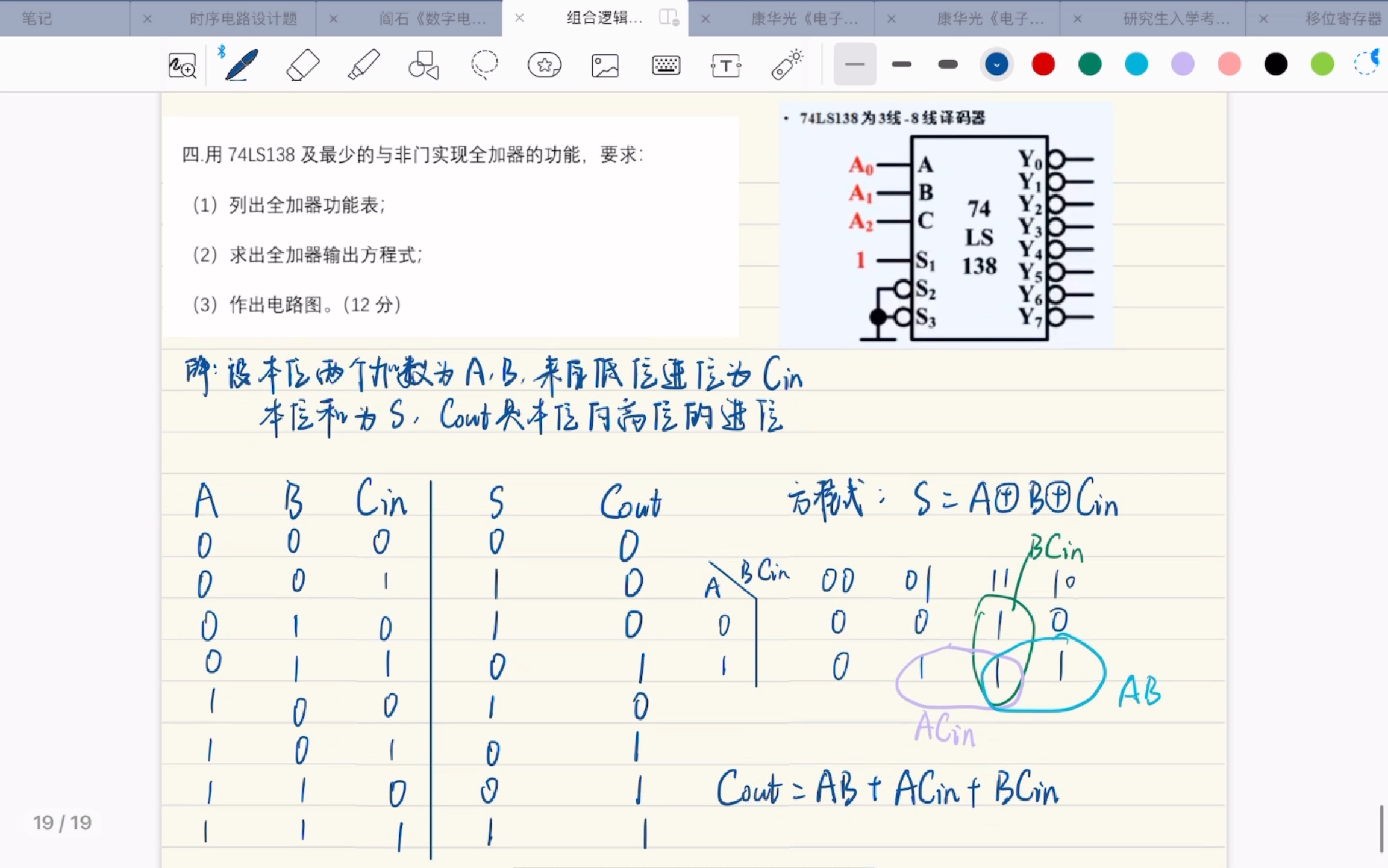 用3线8线译码器74ls138和与非门实现全加器功能.