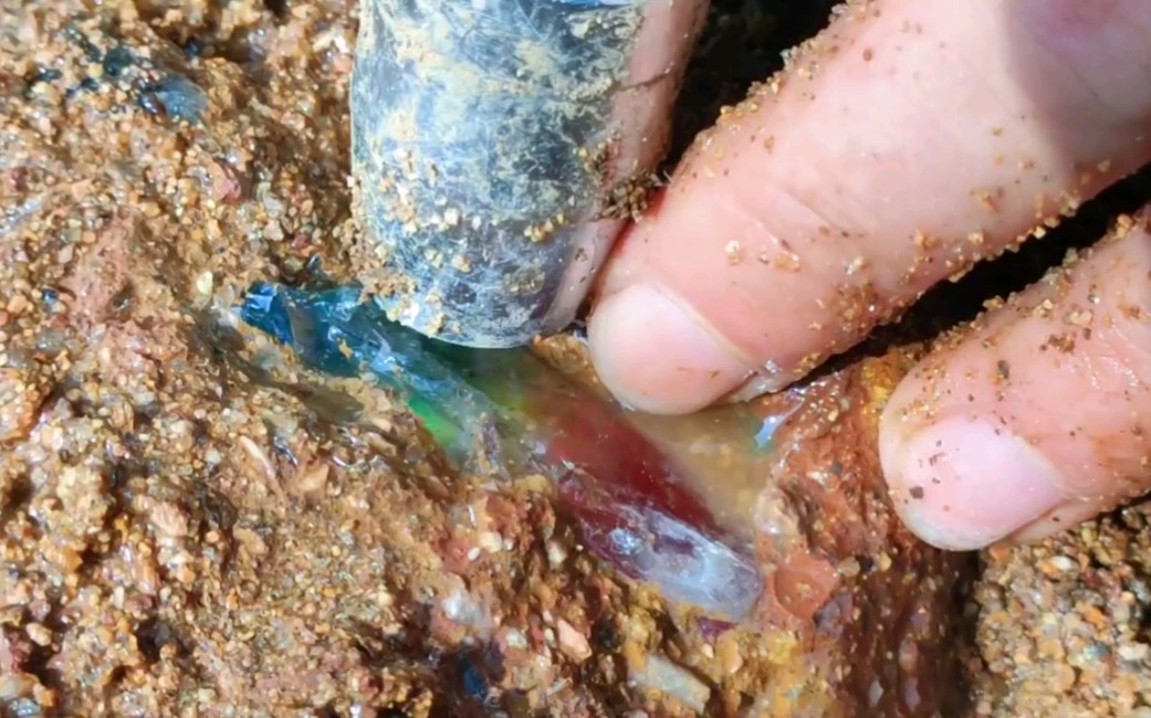 在野外 外国小哥意外挖到了七彩斑斓的宝石 价值不菲