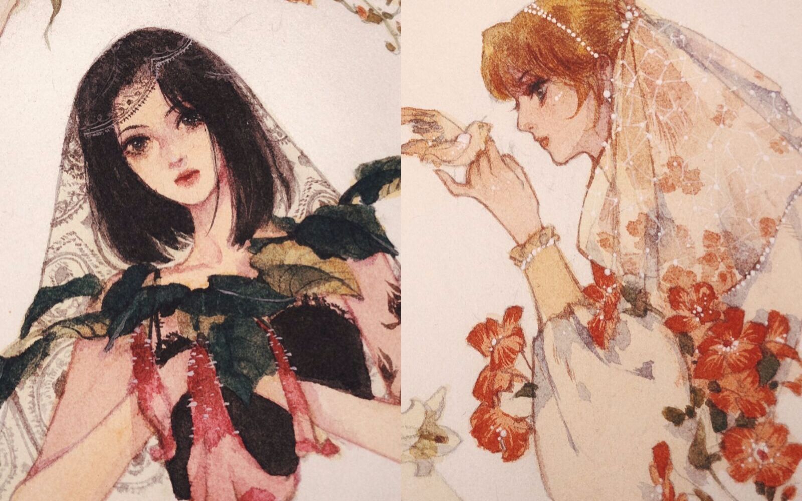 阿莘水彩蕾丝红蝉与珍珠古董凌霄