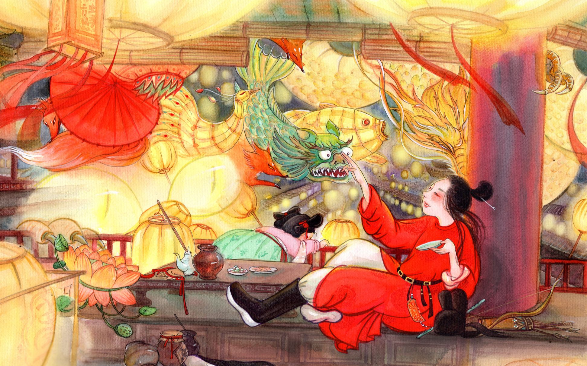 【水彩手绘】唐风酒馆看花灯~咦混进了什么奇怪的东西?