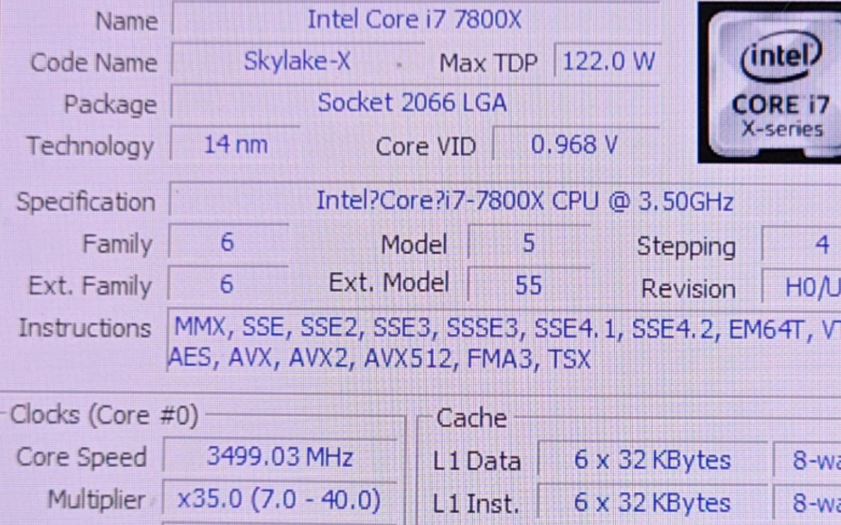 intel corei7 7800x处理器默频状态下性能参数和cpu