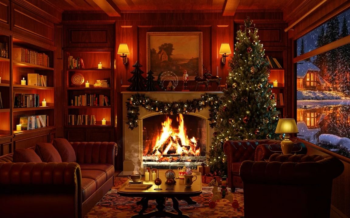 【白噪音】超长8小时丨舒适的圣诞小屋 - 无bgm(壁炉烧木头声&窗外