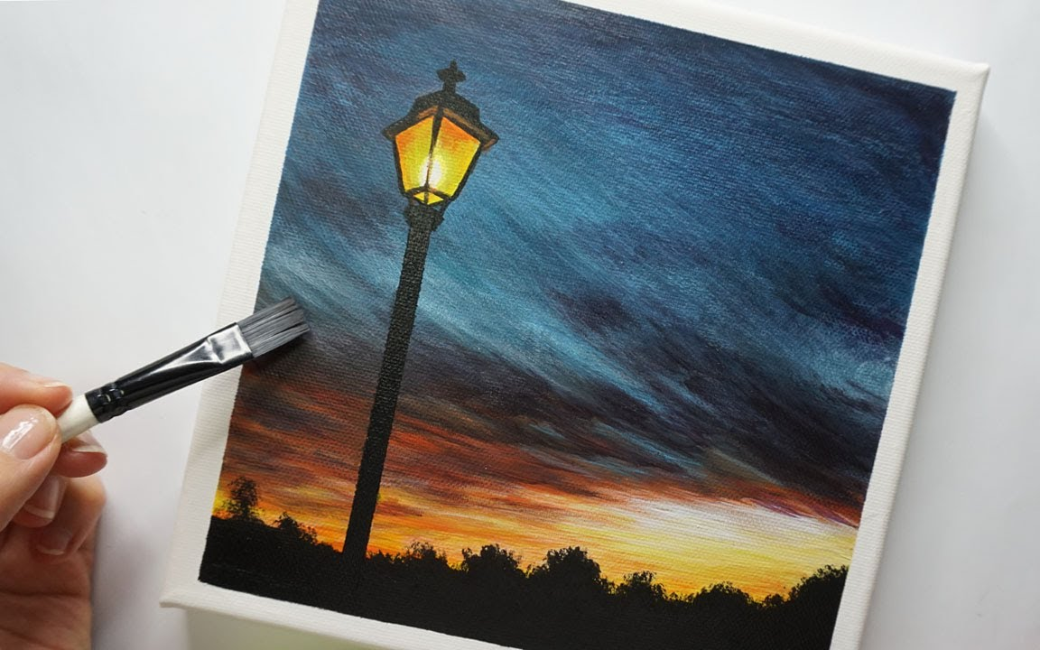 【丙烯画】【绘画教程】夕阳下的路灯Sunset with Street Light  Easy Acrylic Painting哔哩哔哩bilibili