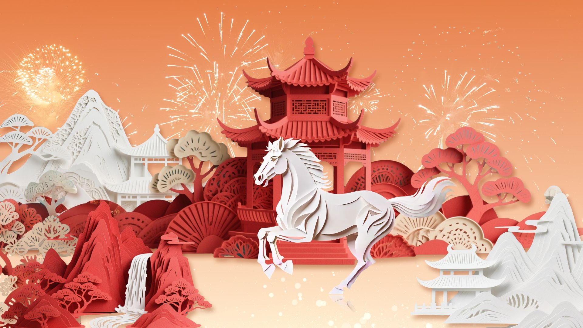 国风国潮剪纸风马年春节喜庆山水动态背景ae模板视频素材