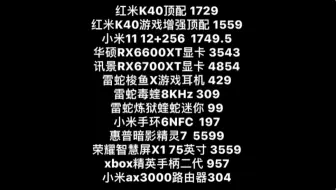 华硕RX6600显卡，小米11，红米k40g，红米K40，iqoo neo5，雷蛇梭鱼X，雷蛇炼狱蝰蛇v2，雷蛇毒蝰8K，罗技G502，小米手环6，荣耀X1