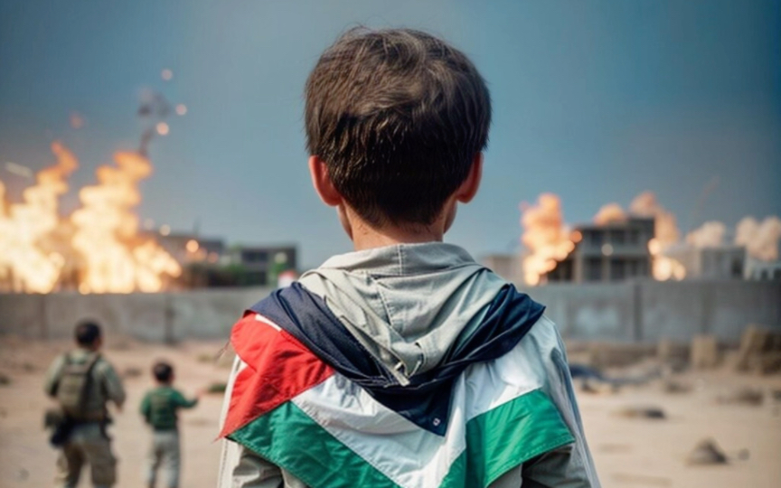 目光所至 尽是废墟 一名身披巴勒斯坦国旗的男孩看着他家乡成了一片
