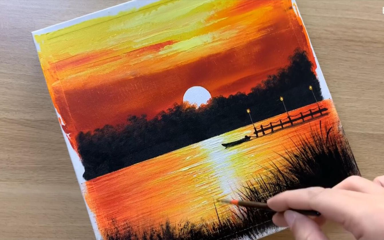 丙烯画wowart中字湖畔日落sunsetonthelake日常挑战131