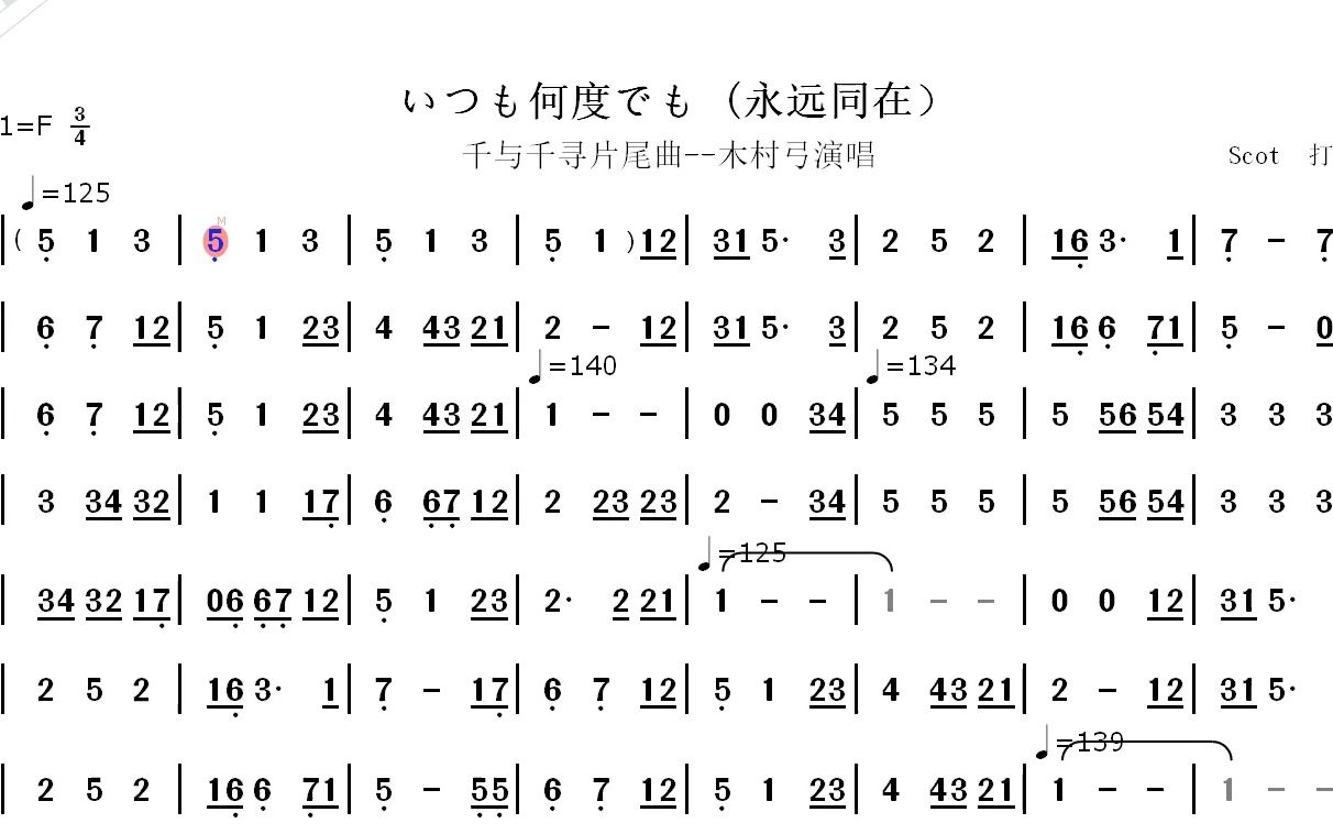 [图]千与千寻片尾曲《いつも何度でも (永远同在）》----木村弓演唱--动态简谱