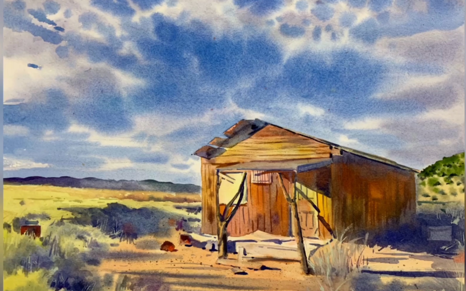 dew的日绘水彩草原上的木屋