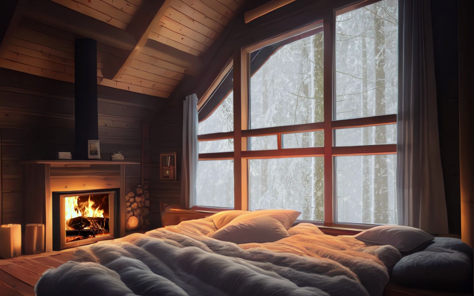 在森林度假小屋,燃起壁炉,听着柴火噼啪响,和窗外风雪入睡