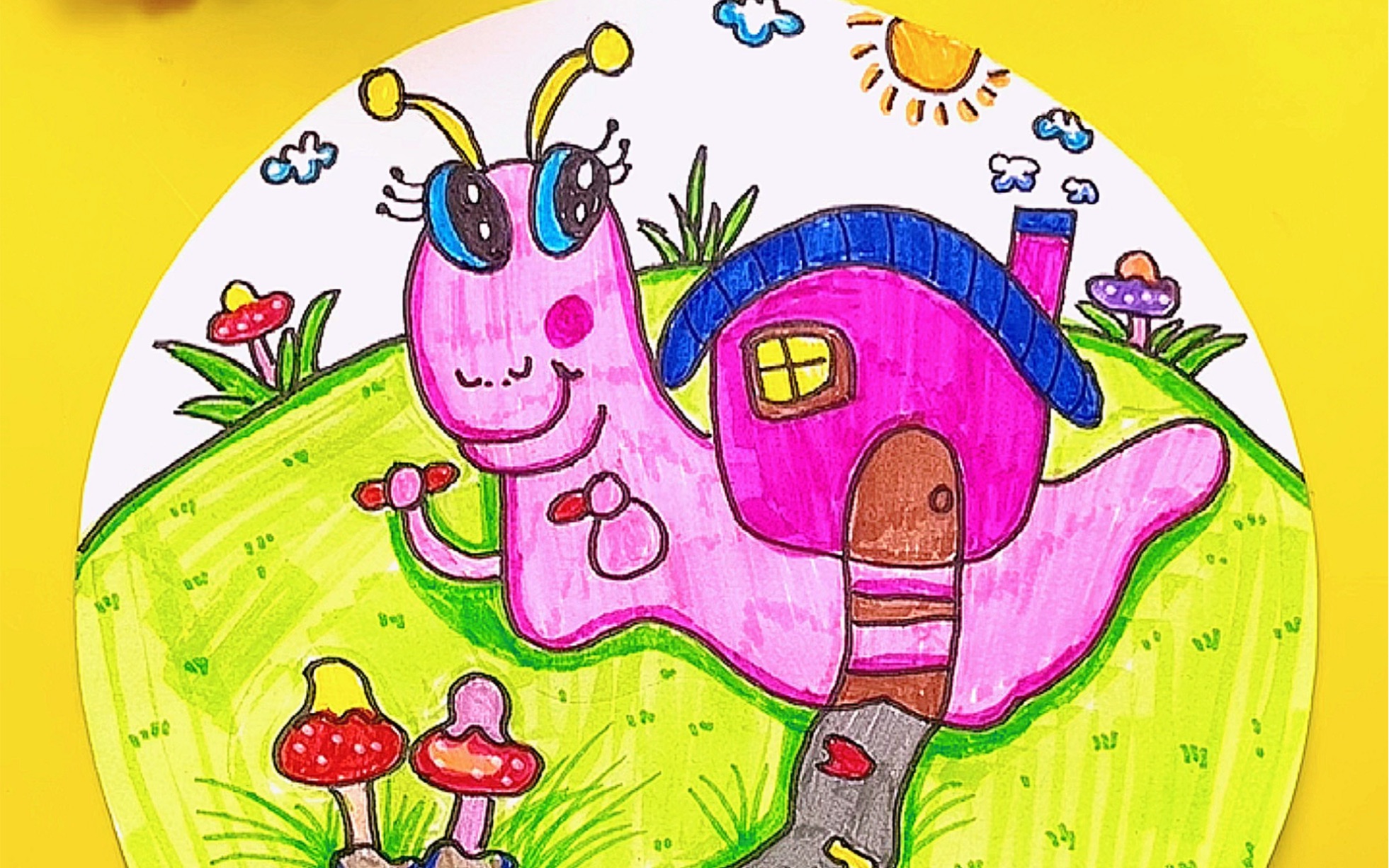 马克笔手绘:蜗牛背着它漂亮的房子 适合儿童的绘画