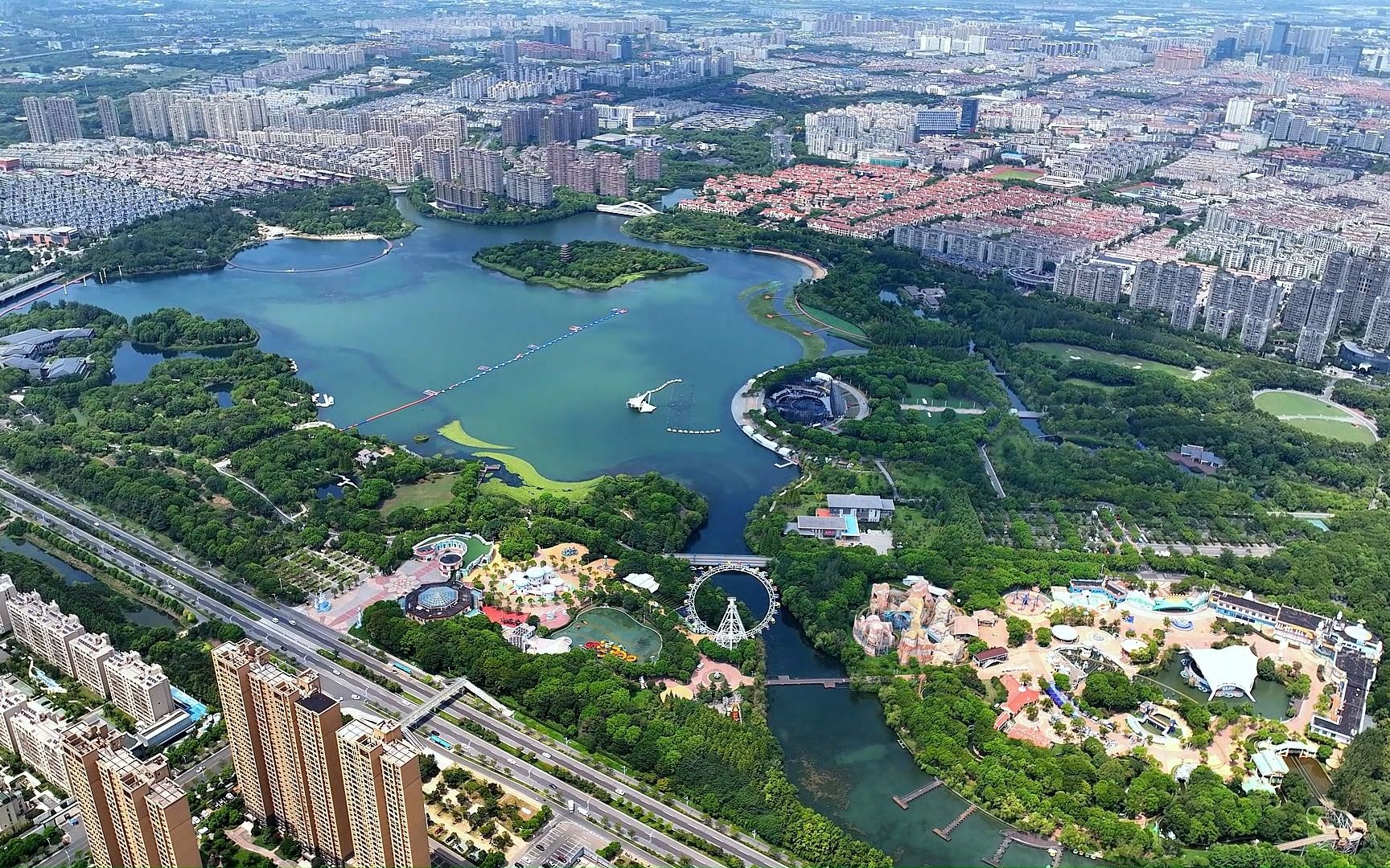 2022年央视中秋晚会录制地,张家港暨阳湖生态园,高空俯瞰,湖景真的美