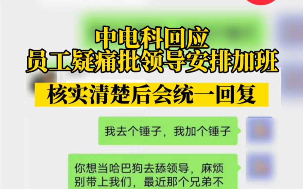 中电科回应员工疑痛批领导安排加班 :核实清楚后会统一回复哔哩哔哩bilibili