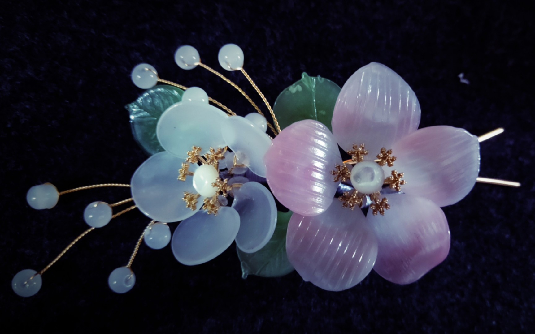【料器】粉白料器发簪花花