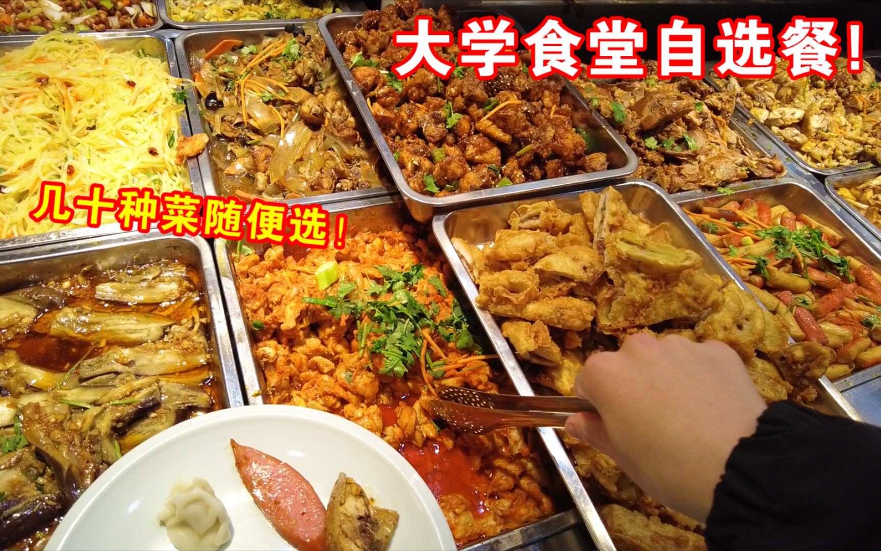 大学食堂自选菜论斤称!几十种菜随便选!炸鸡,薯条还有草莓!