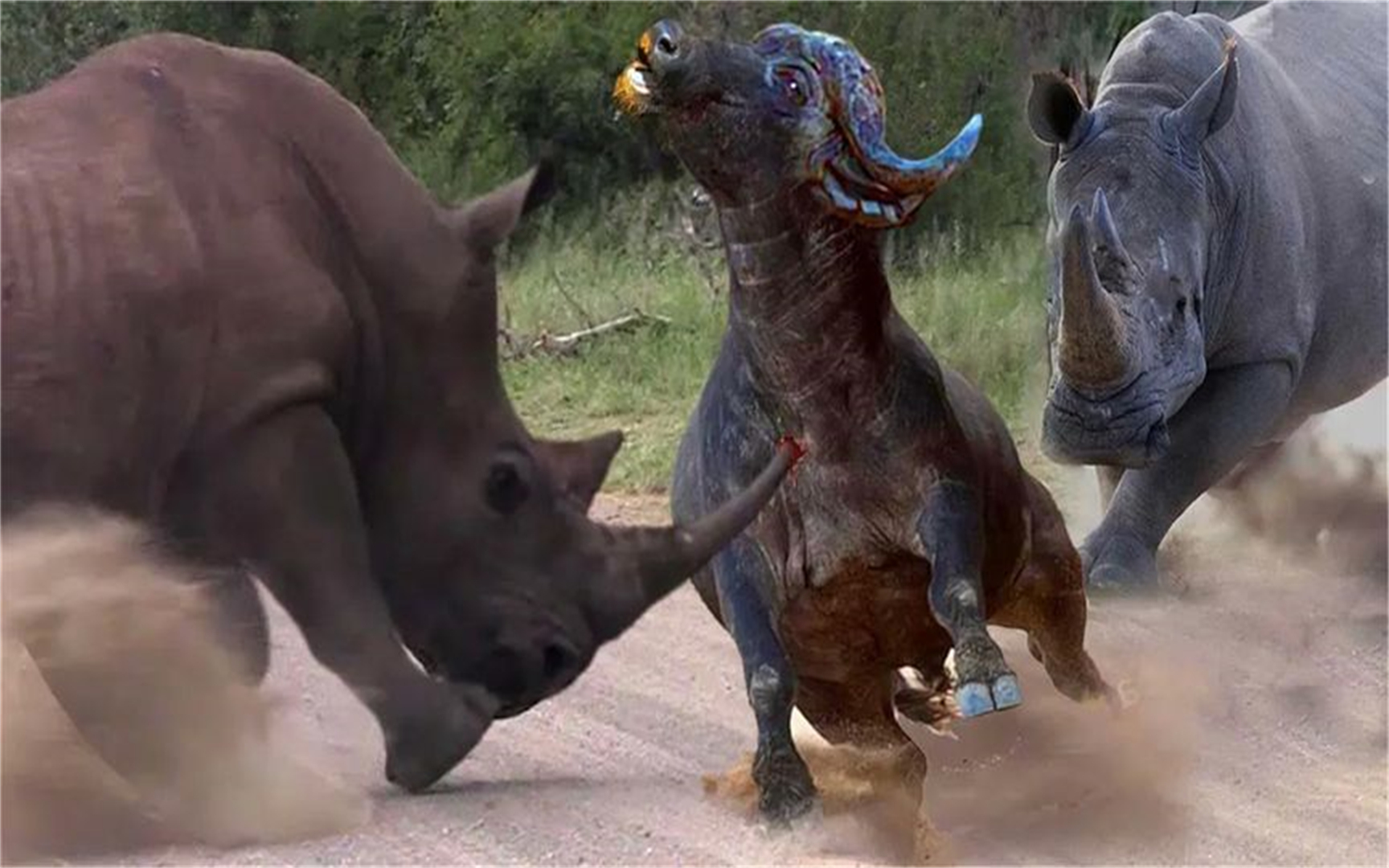 犀牛强大的屁股导致水牛当场崩溃!