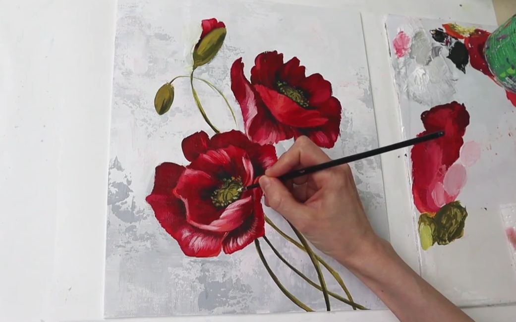 [图]【丙烯画】【绘画教程】Red Flowers Art painting-大红色的虞美人