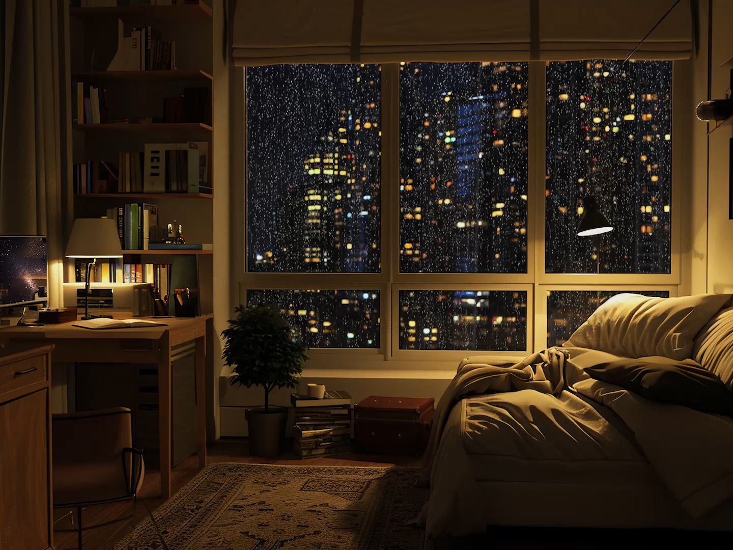 夜晚的温馨卧室丨晚上窝在舒服的大沙发里看着窗外的高楼夜景听雨助眠