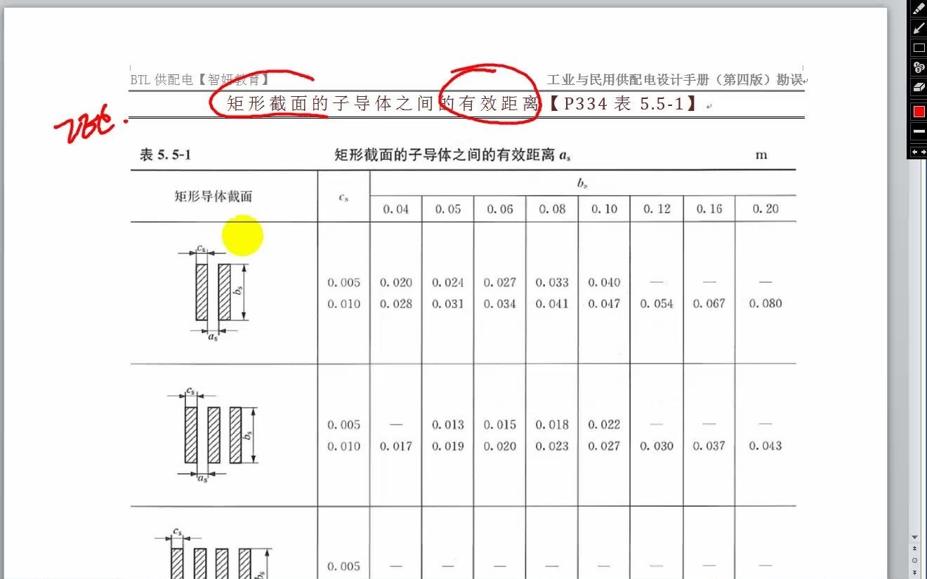 [图]矩形截面的子导体之间的有效距离【P334表5.5-1】【工业与民用供配电设计手册勘误】