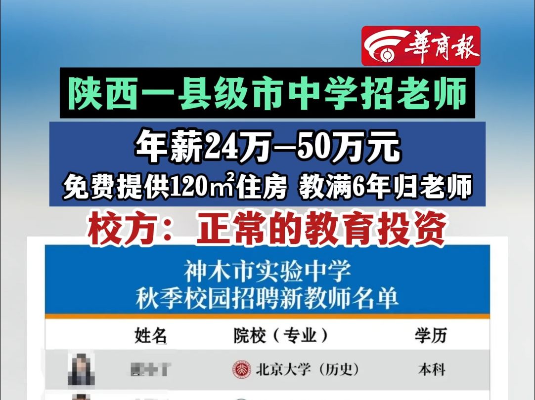 陕西一县级市中学招老师年薪24万50万元 免费提供120㎡住房 教满6年归老师 校方:正常的教育投资哔哩哔哩bilibili