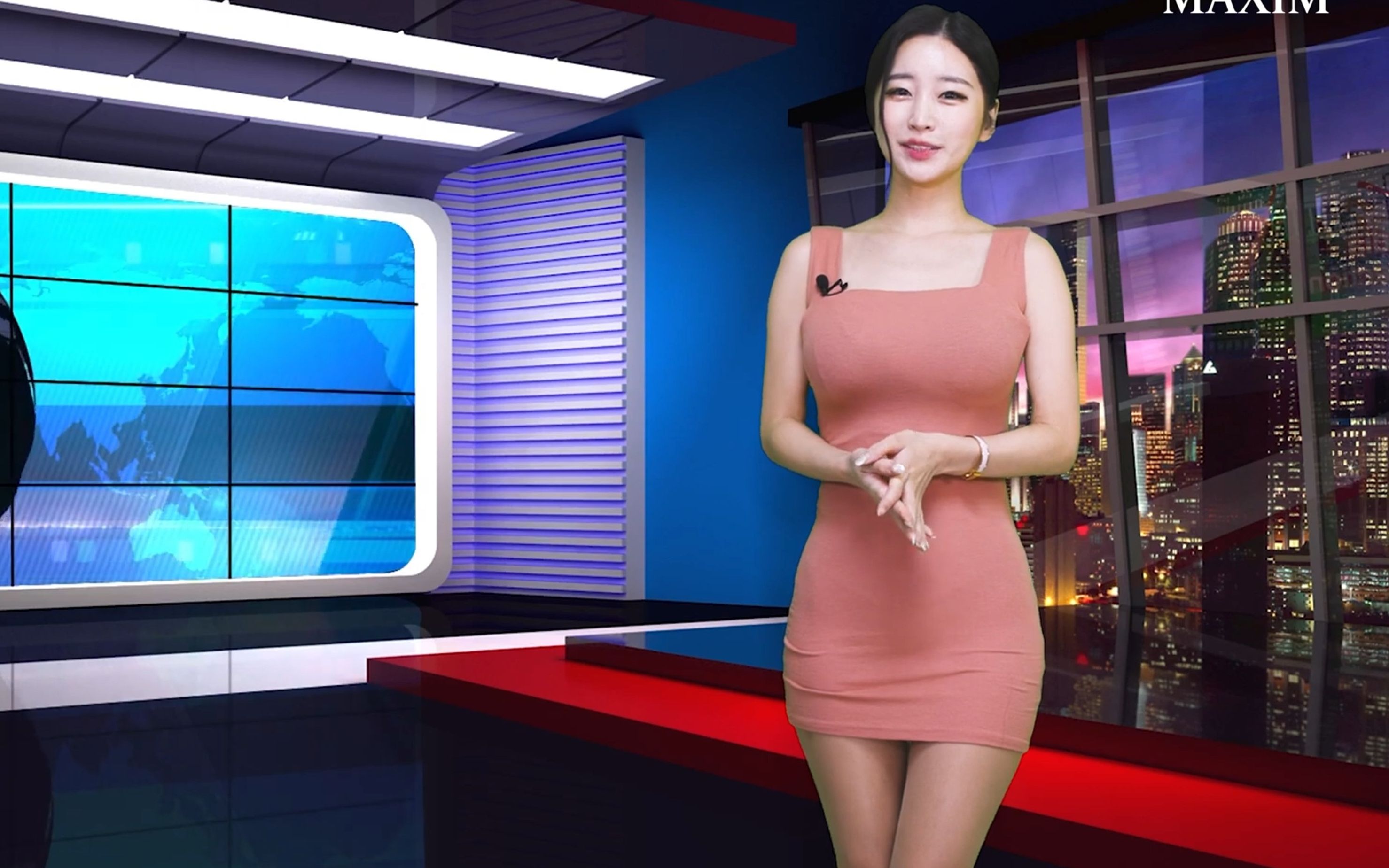 韩国主播金娜贞小姐姐,新闻播报的日常穿搭,粉色包臀裙