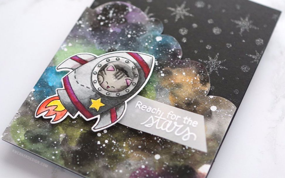 [图]【卡片制作】宇航猫喵喵喵A Watercolor Galaxy, an Astronaut Cat, &amp_ Glittery Stars