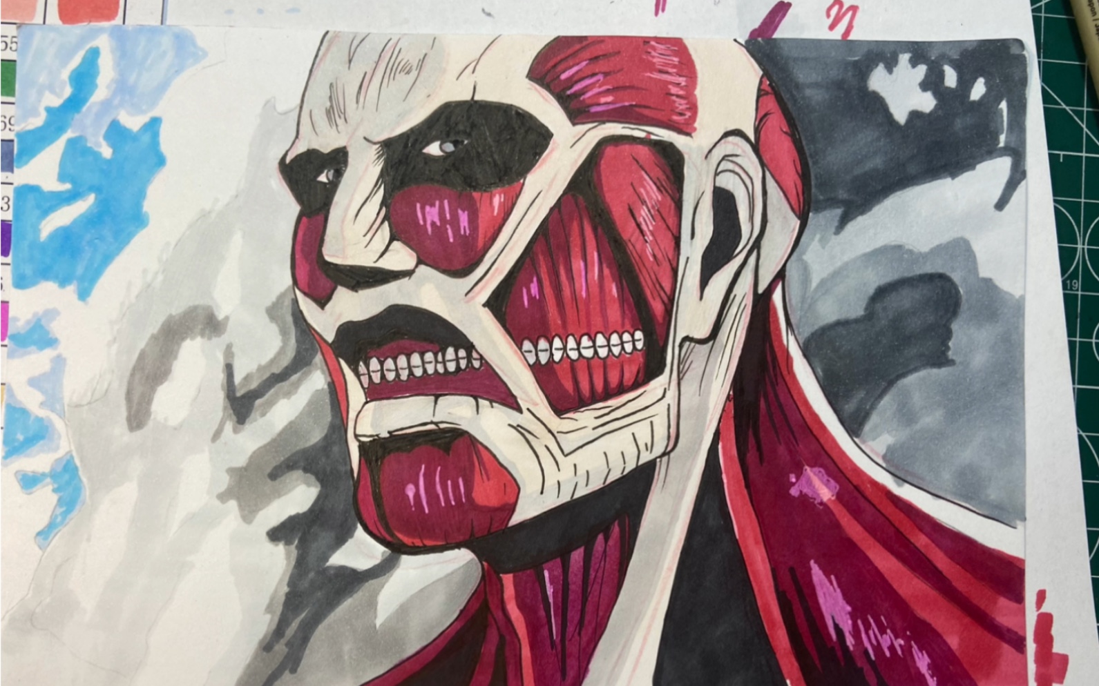 手绘超大型巨人,第一天用马克笔 上色有些差 哪里不好请指导