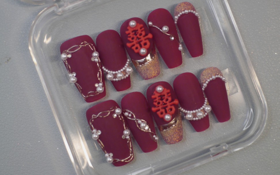 红色典雅婚甲,临摹cc老师的款式