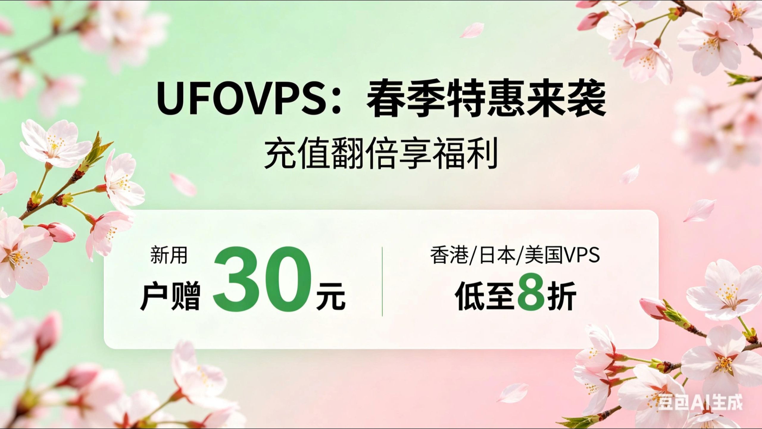 血赚福利!UFOVPS 春季充值翻倍,新用户赠 30 元,港 / 日 / 美 VPS8 折起