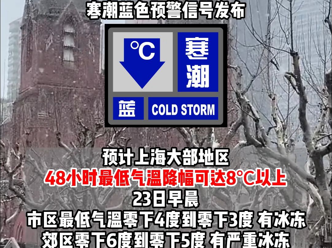 寒潮预警!强冷空气傍晚抵沪,明晨(22日)气温跌破冰点!有道路结冰可能,注意防寒保暖!哔哩哔哩bilibili