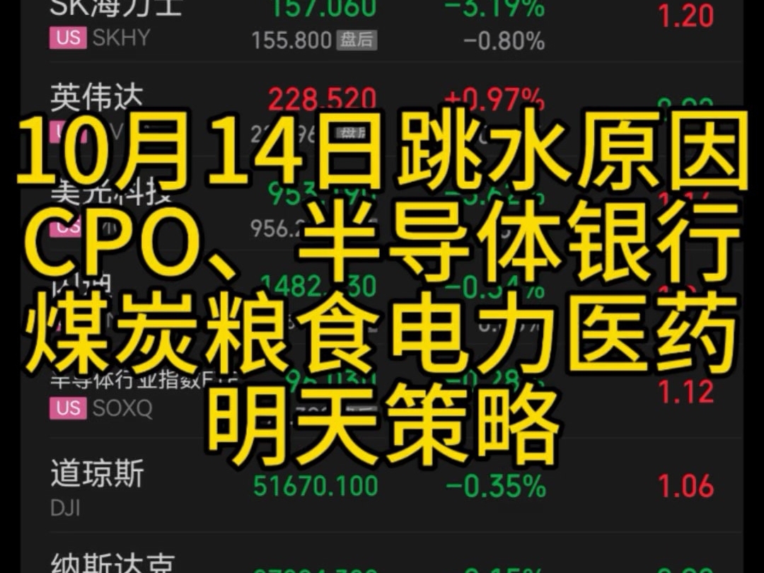 10月14日跳水原因、CPO、半导体、存储、银行、煤炭、粮食、电力、医药、电池明天策略