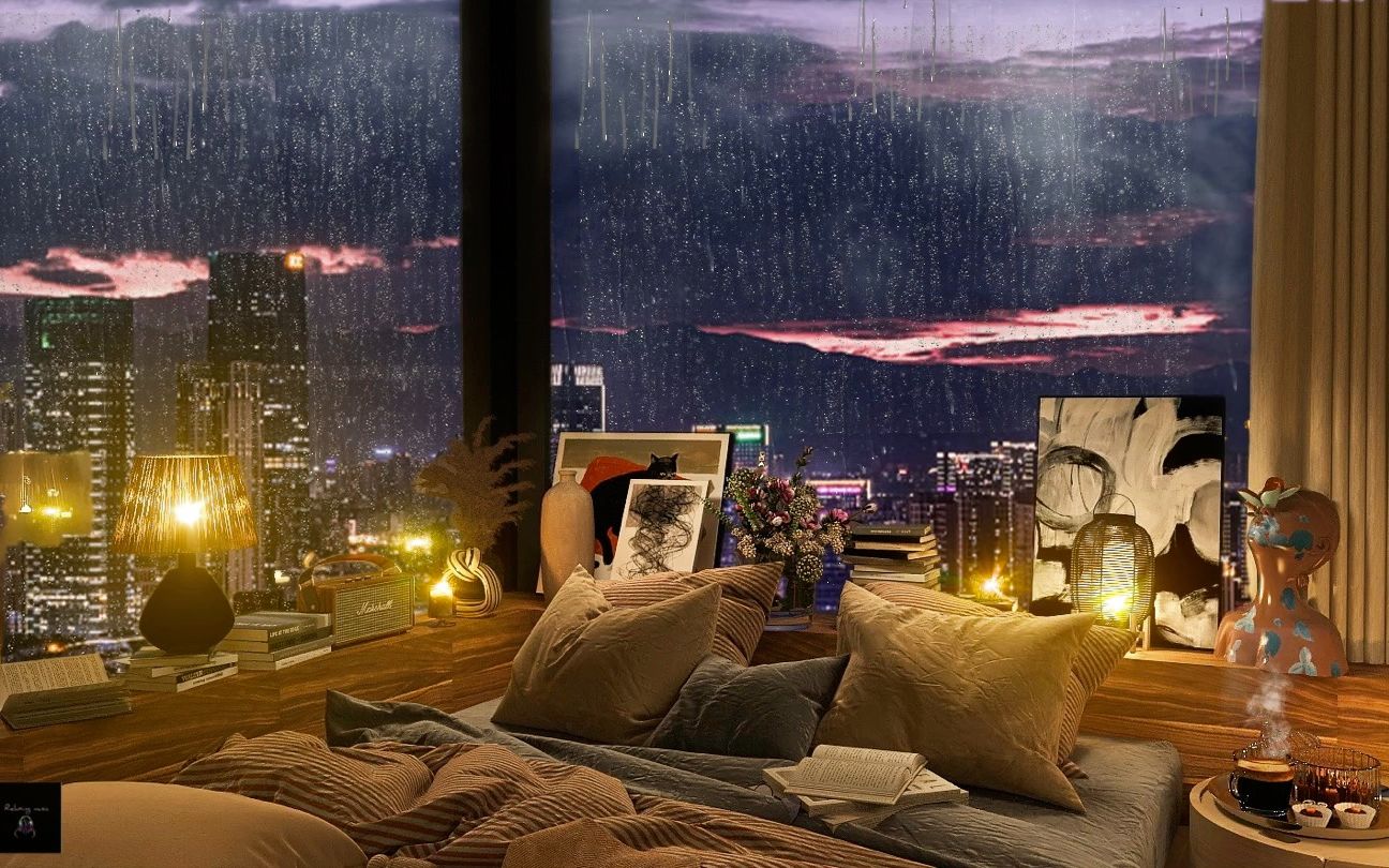 下雨的夜晚,窝在温馨的房间里