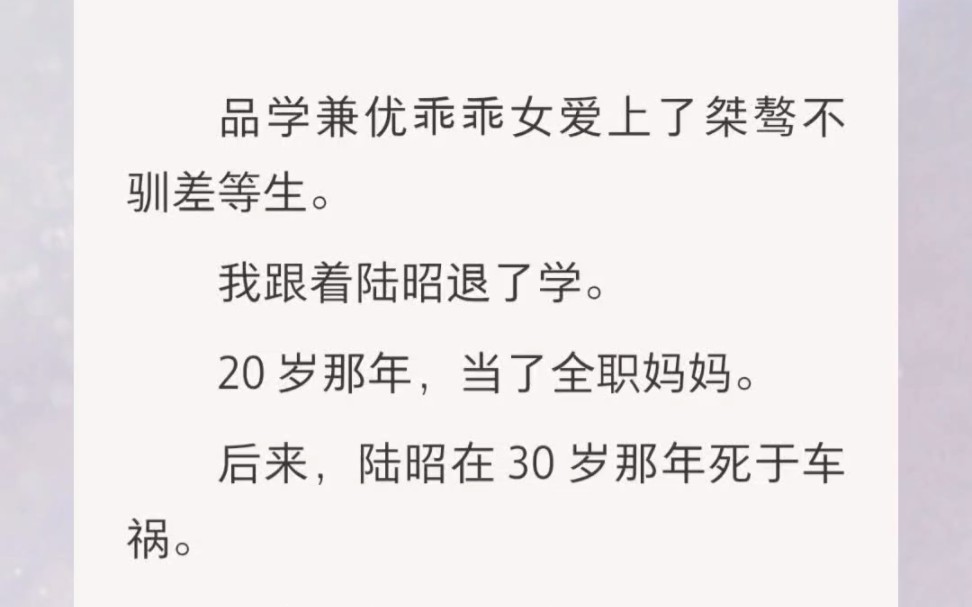 ﻿品学兼优乖乖女爱上了桀骜不驯差等生.我跟着陆昭退了学.20 岁那年,当了全职妈妈.后来,陆昭在 30 岁那年死于车祸.哔哩哔哩bilibili