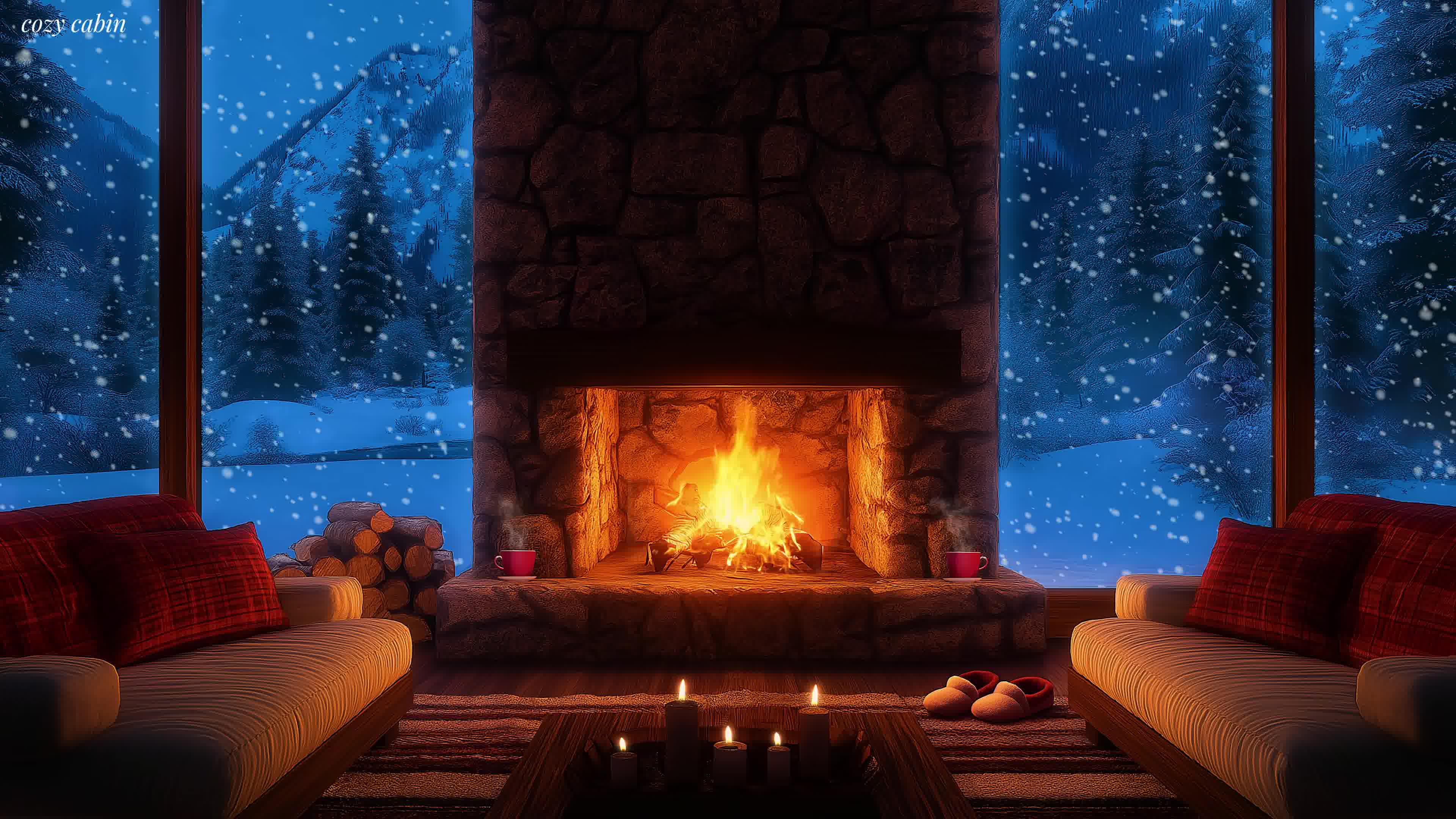 温馨冬季小屋氛围:噼啪作响的壁炉与暴风雪声