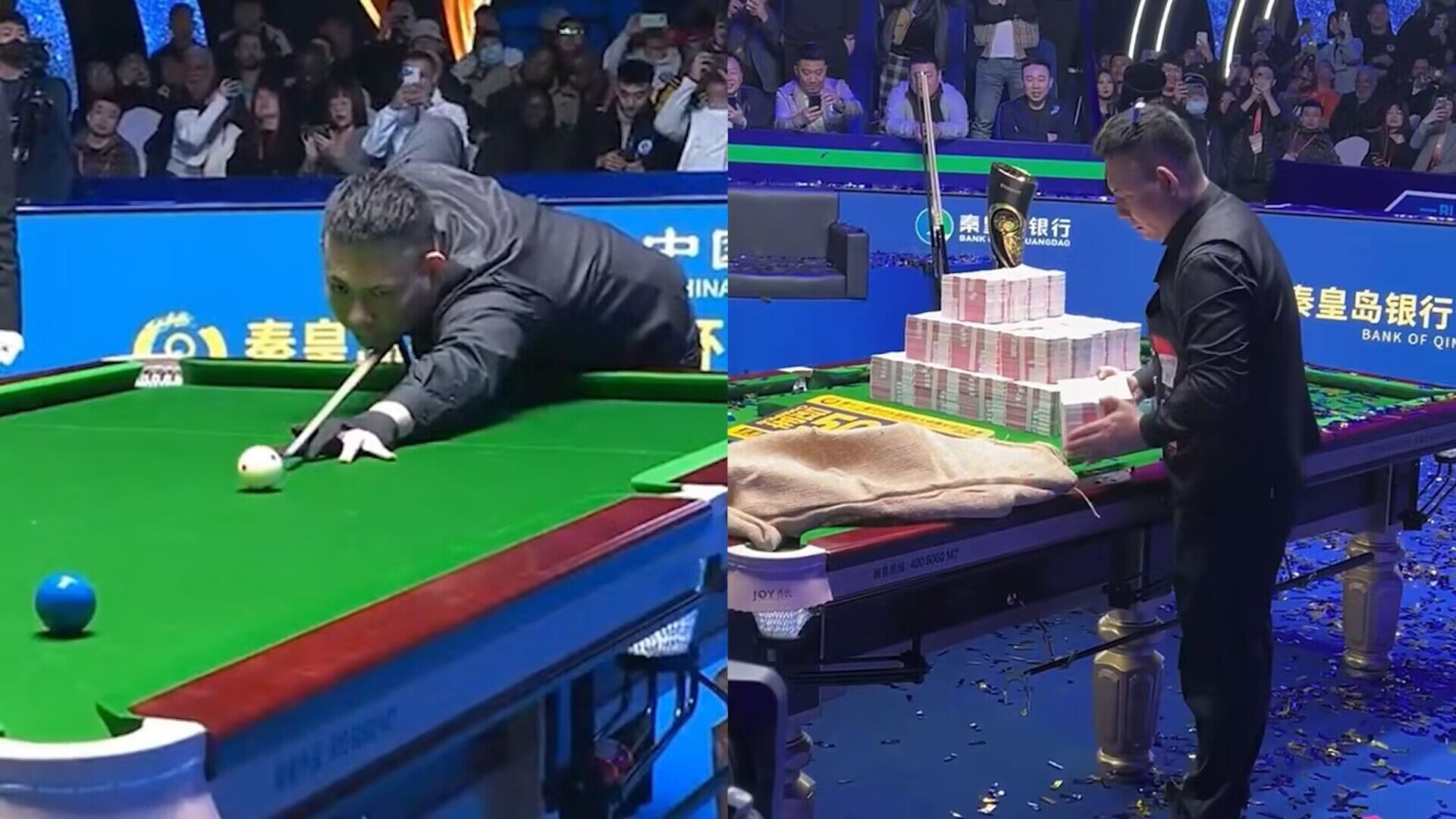 郑宇伯参加中式台球大师赛夺冠,获得500万现金,当场用麻袋装走