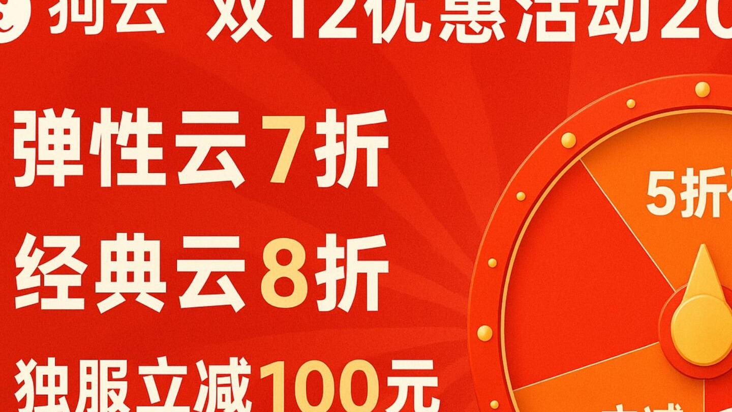 狗云双12优惠活动2025:弹性云7折、经典云8折、独服立减100元&幸运大转盘5折码