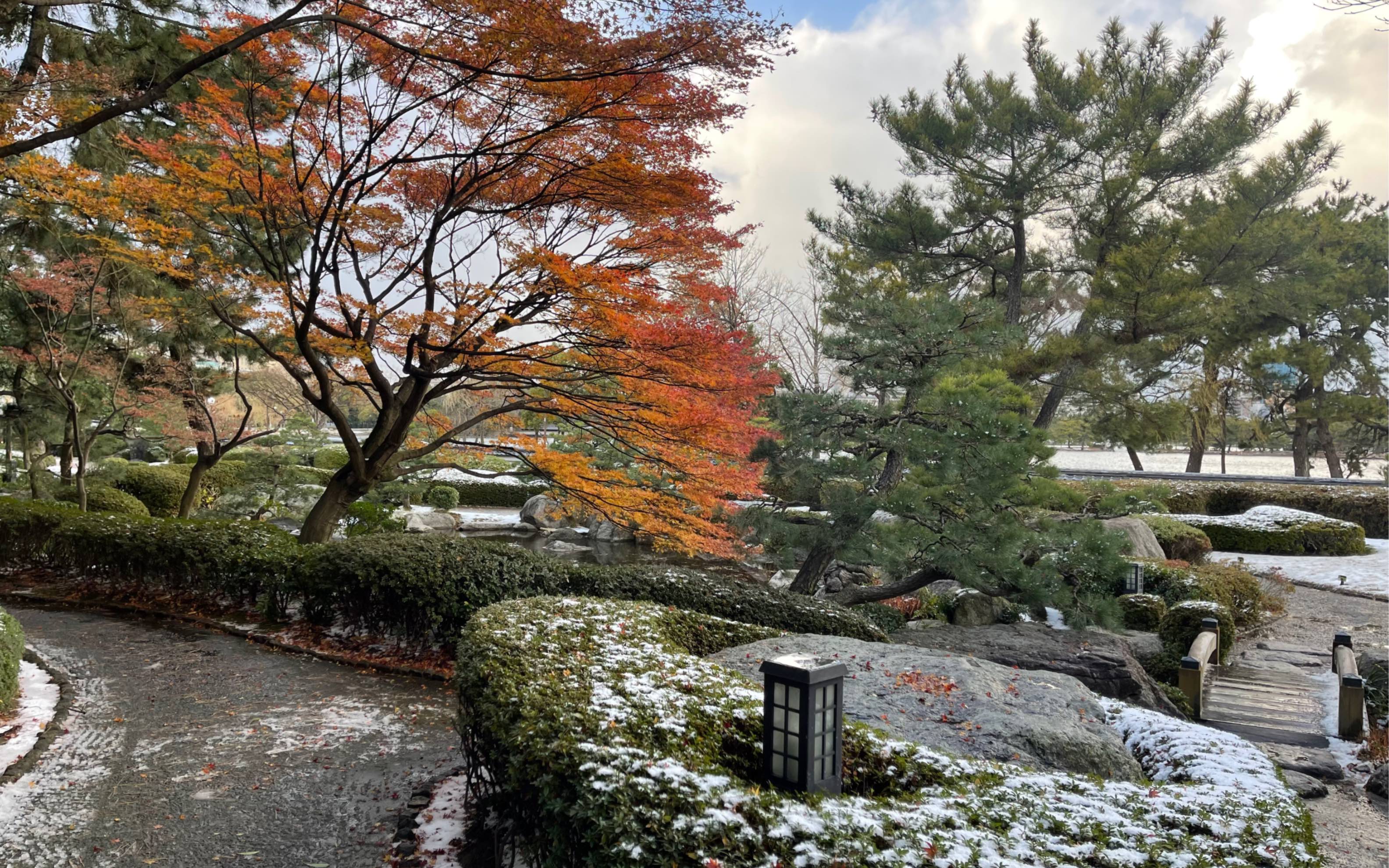 福冈大壕公园,诗意的雪中日式园林