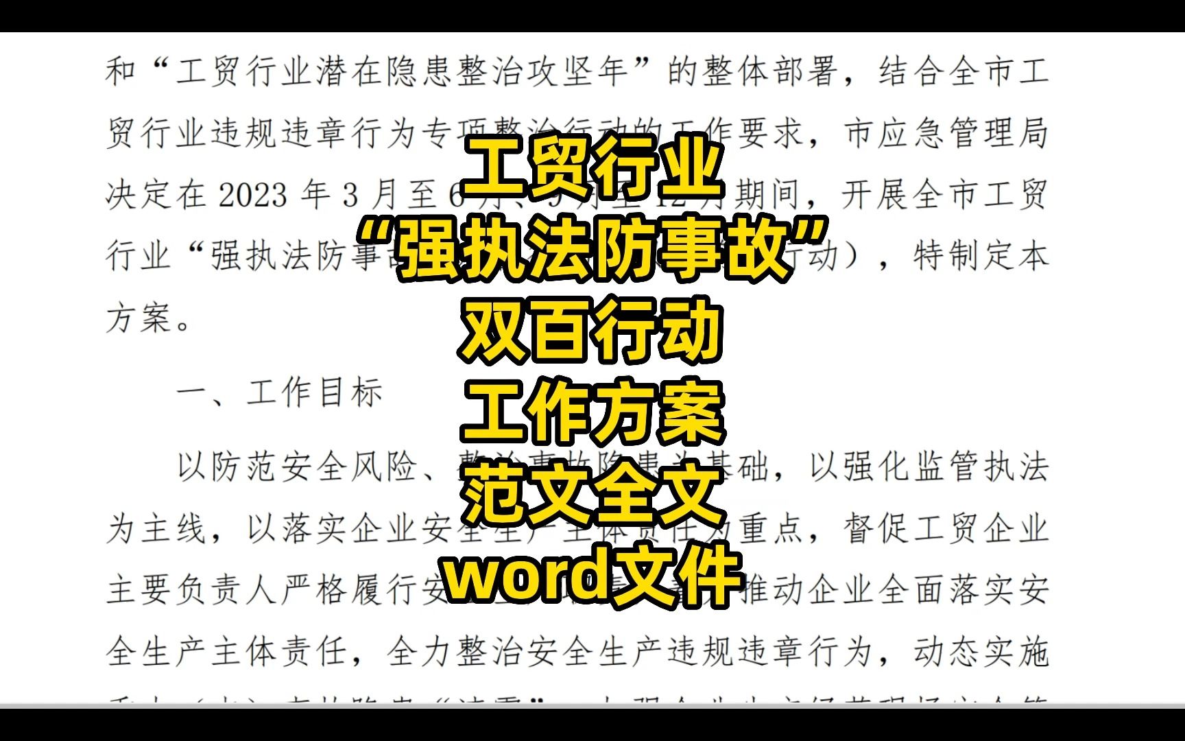 [图]工贸行业“强执法防事故”双百行动工作方案范文全文，word文件，3000字