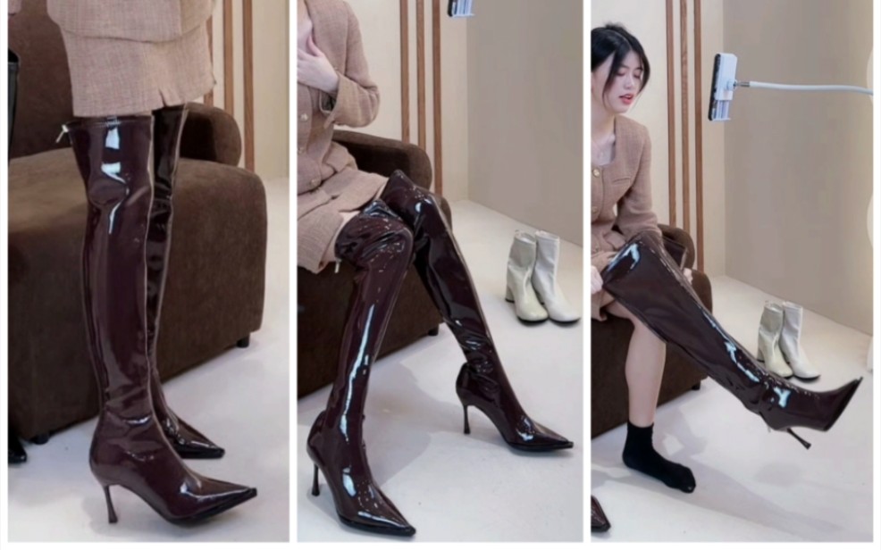 美女穿脱酒红色漆皮尖头细跟过膝长靴