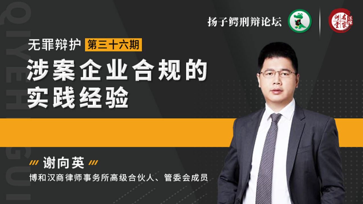 谢向英:涉案企业合规的实践经验【扬子鳄刑辩论坛无罪辩护第三十六期】哔哩哔哩bilibili