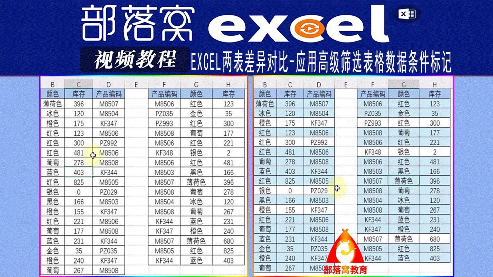 excel兩表差異對比視頻:應用高級篩選表格數據條件標記