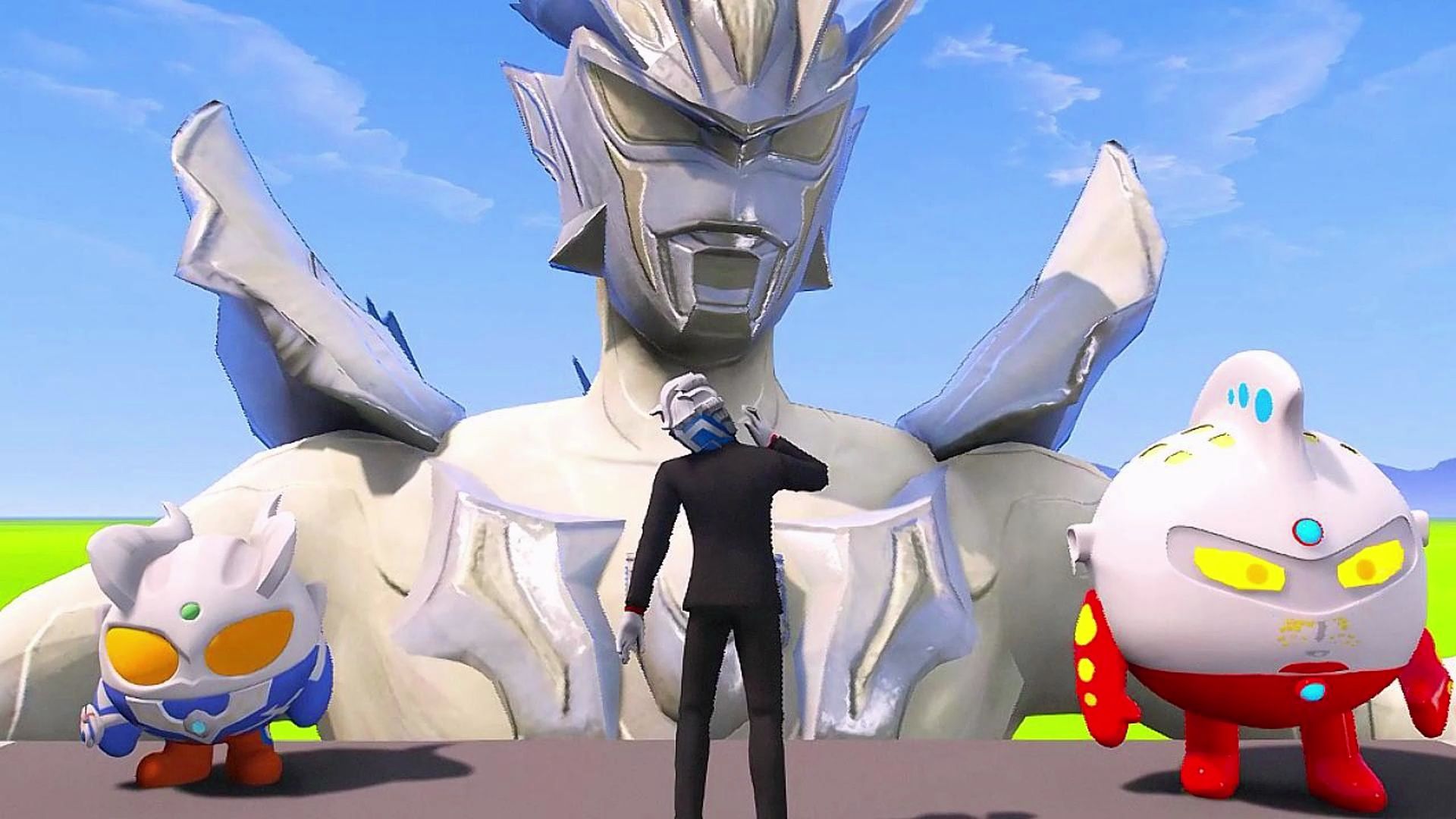 泽塔在他的赛罗师傅雕像面前哭泣,小泽塔去询问迪迦原因