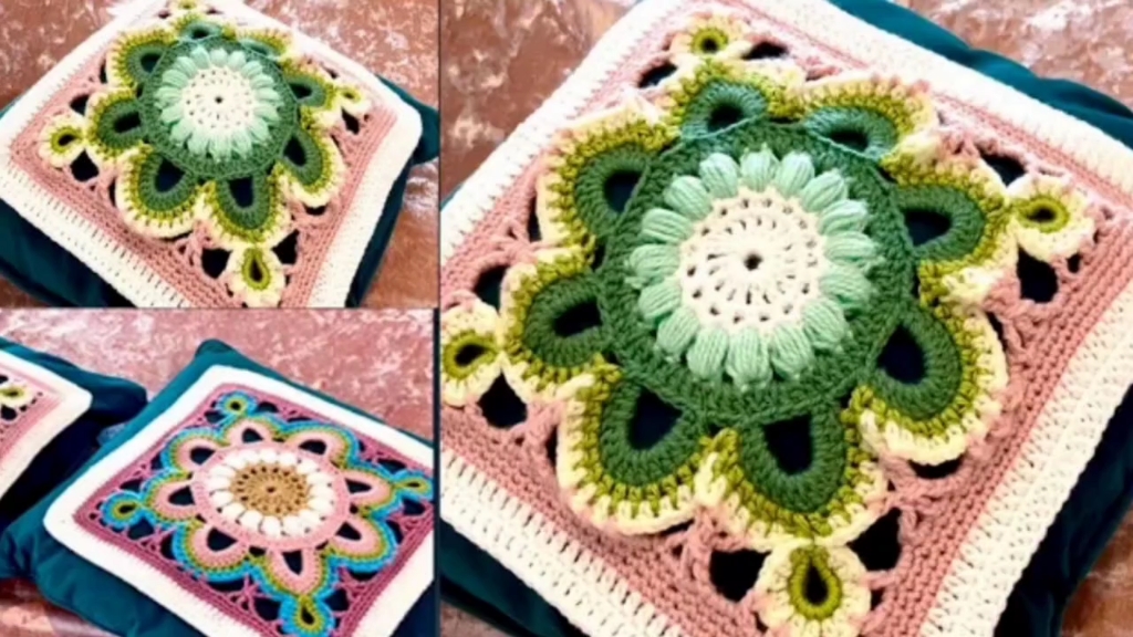喜欢的花型就得自己钩织!手工编织复古花抱枕(2)