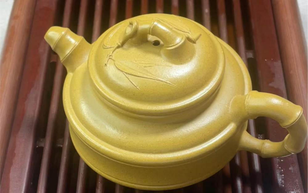 紫砂壶花器 精工手工壶 黄金段泥双线竹鼓壶