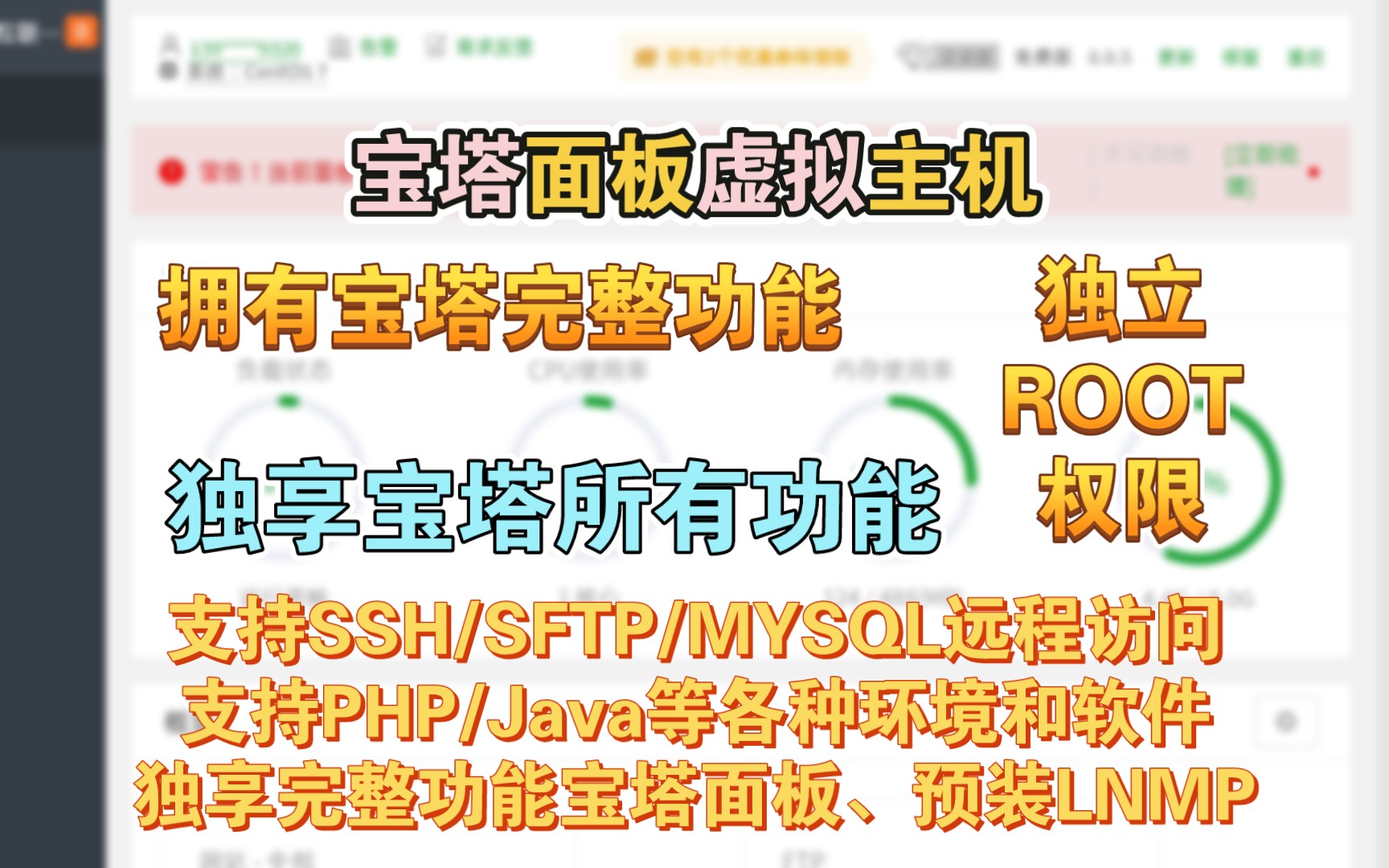 全网首发!虚拟主机独享完整功能宝塔面板,独立root用户、支持SSH/SFTP/MYSQL远程访问【乔星欢】