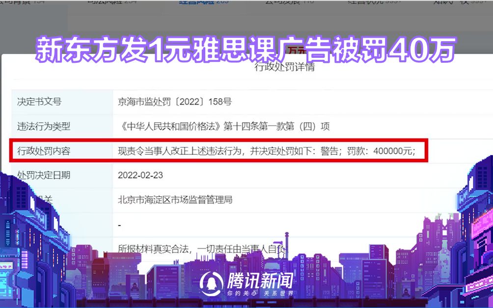 新东方发1元雅思课广告被罚40万:涉嫌用虚假价格诱骗消费者交易哔哩哔哩bilibili