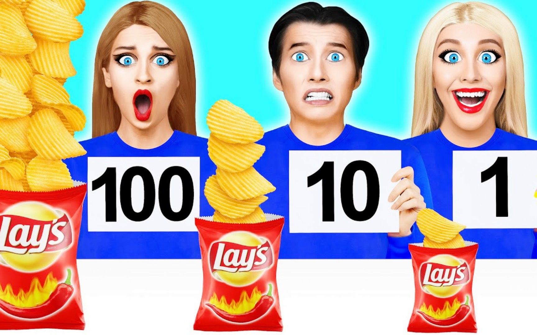 搞笑外国人:挑战100片爆辣薯片,三个人,谁能最快吃完获胜?